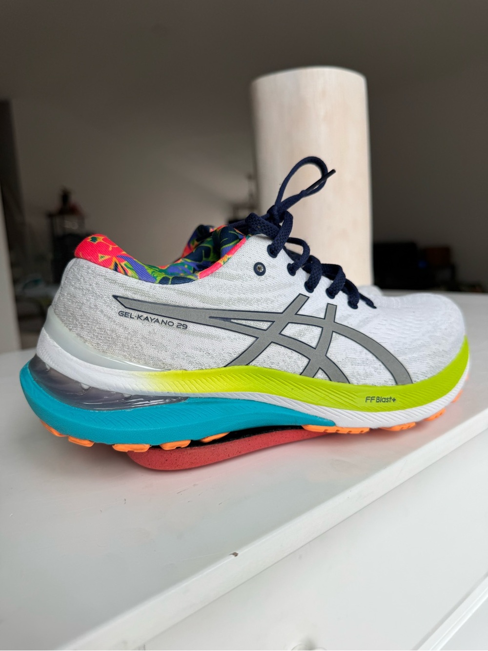 Asics Gel-Kayano 29 White with Neon Yellow, Teal & Multicolor Floral Lining
